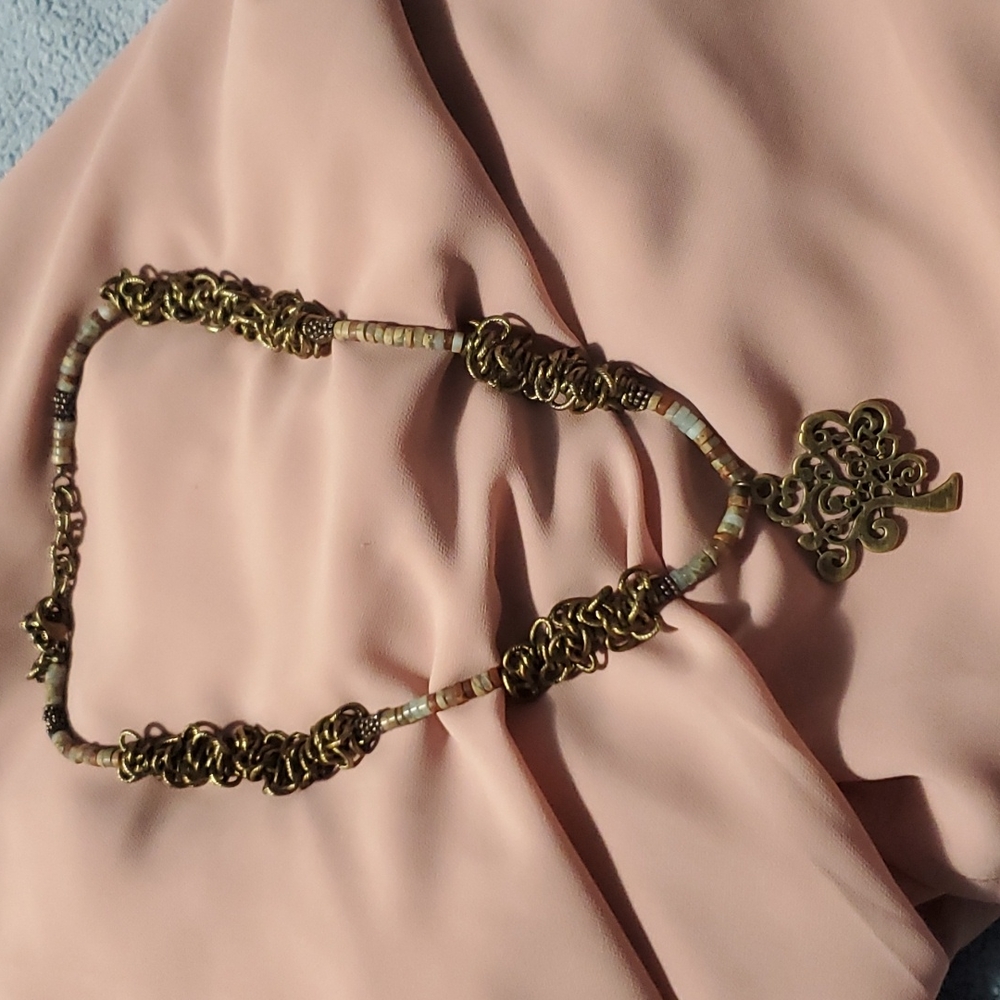 Beaded Gold Necklace with Tree Pendant